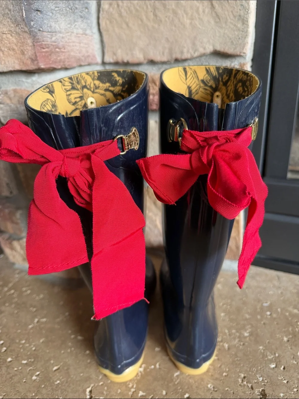 Joules Gloss Navy Tall Rain Boots with Gold Plaque Red Bows Gold Interior sz 7